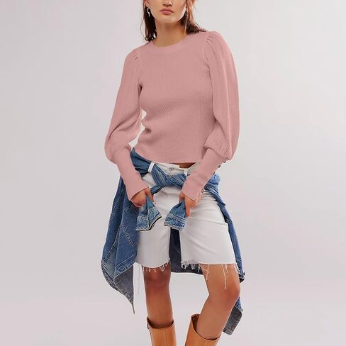 Women's Waffle Knit Puff Long Sleeve Tops Crew Neck Sweatshirt Casual Pullover Thermal Top in Kuwait