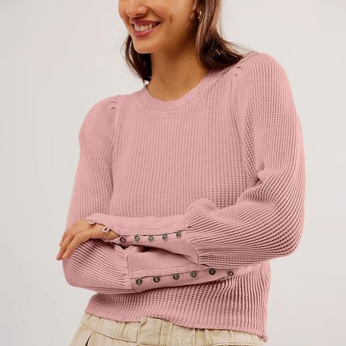 Women's Waffle Knit Puff Long Sleeve Tops Crew Neck Sweatshirt Casual Pullover Thermal Top in Kuwait