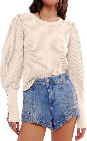 نساء وافل متماسكة نفخة طويلة الأكمام الطويلة قمم طاقم رقبة رقبة قميص عارض السحب الحراري أعلى in Kuwait