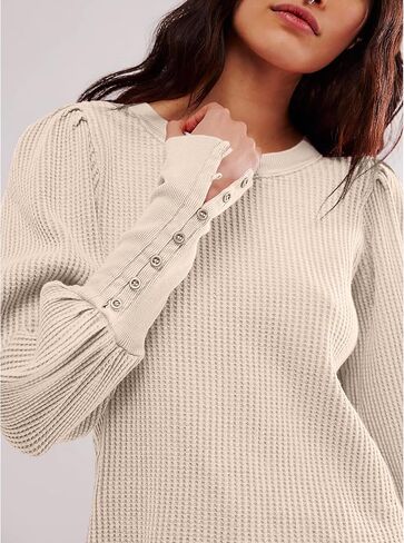 نساء وافل متماسكة نفخة طويلة الأكمام الطويلة قمم طاقم رقبة رقبة قميص عارض السحب الحراري أعلى in Kuwait