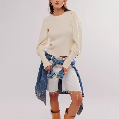 نساء وافل متماسكة نفخة طويلة الأكمام الطويلة قمم طاقم رقبة رقبة قميص عارض السحب الحراري أعلى in Kuwait