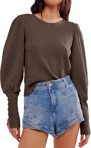 Women's Waffle Knit Puff Long Sleeve Tops Crew Neck Sweatshirt Casual Pullover Thermal Top in Kuwait