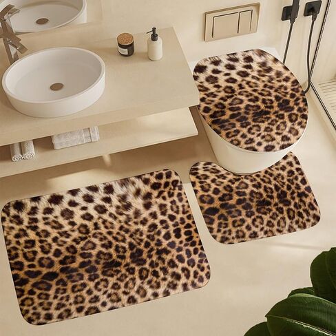 Leopard Print Bathroom Rug Sets 3 Piece Animal Skin Pattern Toilet Rug Set Washable Bath Rug U Shape Mat Toilet Lid Cover Mat Accessories Decorations 16"x24" in Saudi Arabia