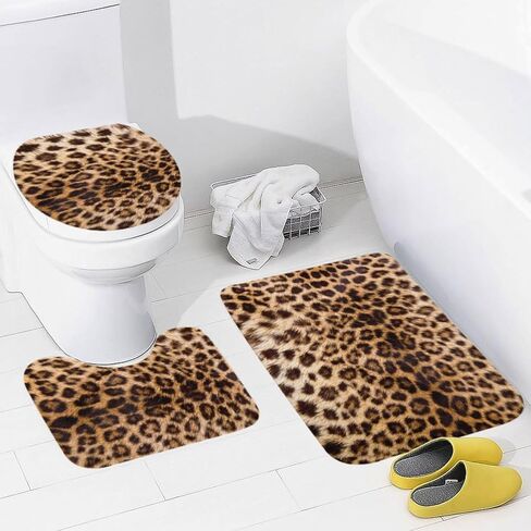 Leopard Print Bathroom Rug Sets 3 Piece Animal Skin Pattern Toilet Rug Set Washable Bath Rug U Shape Mat Toilet Lid Cover Mat Accessories Decorations 16"x24" in Saudi Arabia