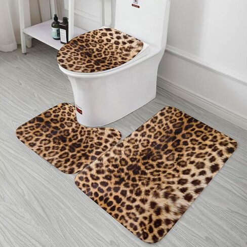 Leopard Print Bathroom Rug Sets 3 Piece Animal Skin Pattern Toilet Rug Set Washable Bath Rug U Shape Mat Toilet Lid Cover Mat Accessories Decorations 16"x24" in Saudi Arabia