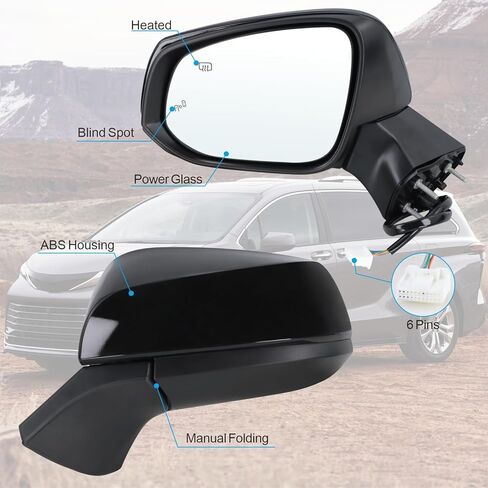 Left Driver Side Mirror Compatible With 2021 2022 2023 2024 2025 Toyota Sienna With Manual Folding Power Glass Heated Bilnd Spot Black Replace#8794008190(6Pins) in Saudi Arabia