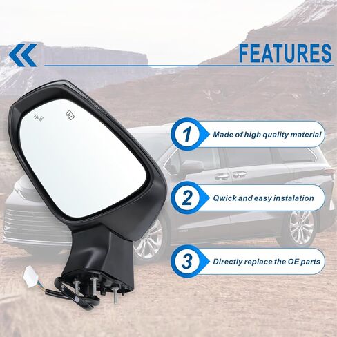 Left Driver Side Mirror Compatible With 2021 2022 2023 2024 2025 Toyota Sienna With Manual Folding Power Glass Heated Bilnd Spot Black Replace#8794008190(6Pins) in Saudi Arabia
