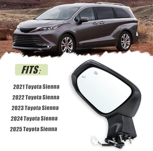 Left Driver Side Mirror Compatible With 2021 2022 2023 2024 2025 Toyota Sienna With Manual Folding Power Glass Heated Bilnd Spot Black Replace#8794008190(6Pins) in Saudi Arabia
