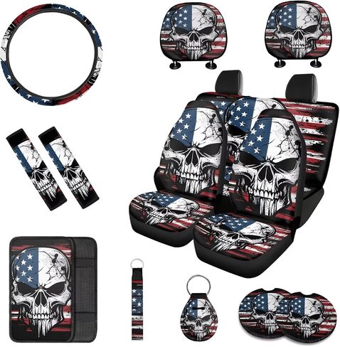 13 Pcs American Flag Skull Car Seat Covers Full Set with Auto Steering Wheel Cover Armrest Cushion Protector Seat Belt Covers, Automotive Interior Sets Unverisal Fit Cars SUV Turcks in Saudi Arabia