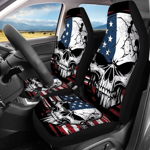 13 Pcs American Flag Skull Car Seat Covers Full Set with Auto Steering Wheel Cover Armrest Cushion Protector Seat Belt Covers, Automotive Interior Sets Unverisal Fit Cars SUV Turcks in Saudi Arabia