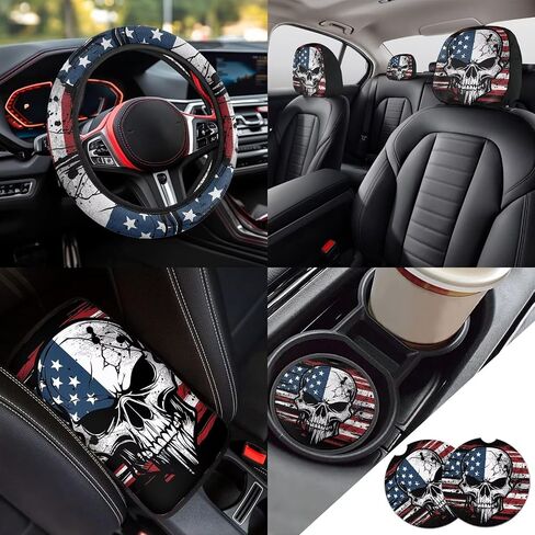 13 Pcs American Flag Skull Car Seat Covers Full Set with Auto Steering Wheel Cover Armrest Cushion Protector Seat Belt Covers, Automotive Interior Sets Unverisal Fit Cars SUV Turcks in Saudi Arabia