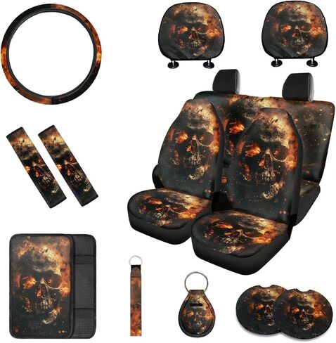 13 Pcs American Flag Skull Car Seat Covers Full Set with Auto Steering Wheel Cover Armrest Cushion Protector Seat Belt Covers, Automotive Interior Sets Unverisal Fit Cars SUV Turcks in Saudi Arabia