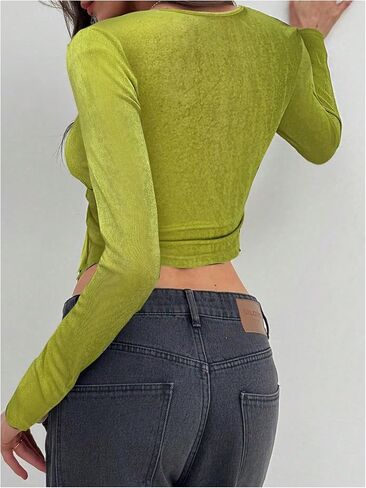 SOLY HUX Women's Deep V Neck T Shirt Long Sleeve Metal Decor Draped Front Ruched Asymmetrical Tops in Saudi Arabia