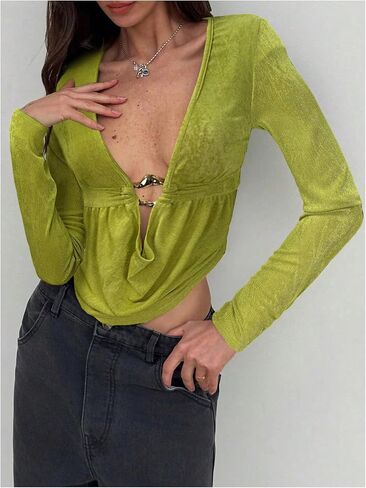 SOLY HUX Women's Deep V Neck T Shirt Long Sleeve Metal Decor Draped Front Ruched Asymmetrical Tops in Saudi Arabia