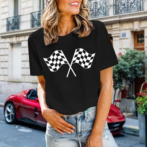 Checkered Flag Graphic Shirt for Women Racing Shirt Race Car Lover Shirts Race Day Casual Summer Tops Short Sleeve in Kuwait