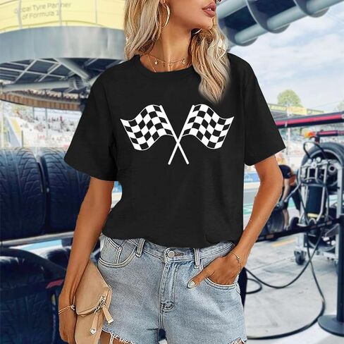 Checkered Flag Graphic Shirt for Women Racing Shirt Race Car Lover Shirts Race Day Casual Summer Tops Short Sleeve in Kuwait