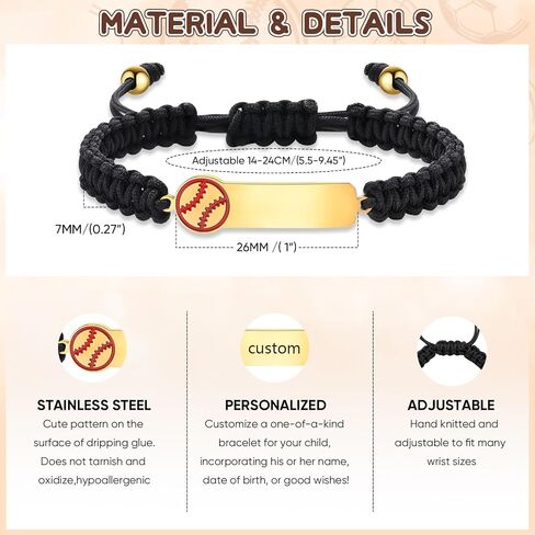MEALGUET Personalized Name ID Sports Bracelet for Boys : Handmade Braided Custom Name Baseball/Football/Basketball Bracelet Gifts for Son Grandson Boys Toddlers Teens in Saudi Arabia