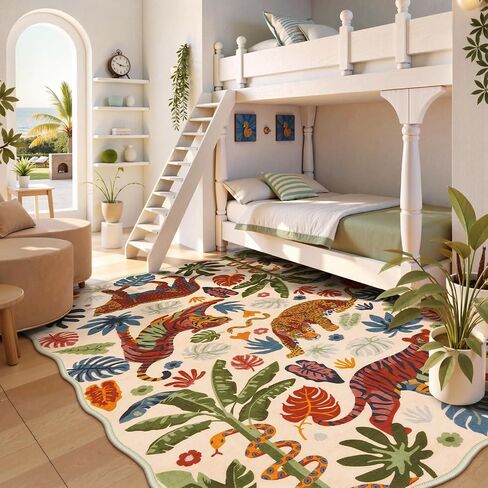 LEEVAN 5x7 Animal Area Rugs Washable Green Tiger Living Room Rugs Non Slip Scalloped Tiger Bedroom Rug Low Pile Leopard Nursery Floor Carpet Jungle Leaf Print Kids Rug in Saudi Arabia