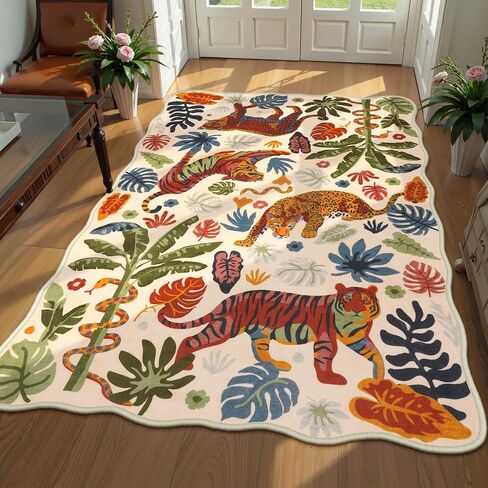 LEEVAN 5x7 Animal Area Rugs Washable Green Tiger Living Room Rugs Non Slip Scalloped Tiger Bedroom Rug Low Pile Leopard Nursery Floor Carpet Jungle Leaf Print Kids Rug in Saudi Arabia