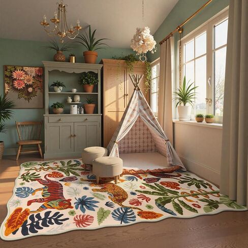 LEEVAN 5x7 Animal Area Rugs Washable Green Tiger Living Room Rugs Non Slip Scalloped Tiger Bedroom Rug Low Pile Leopard Nursery Floor Carpet Jungle Leaf Print Kids Rug in Saudi Arabia