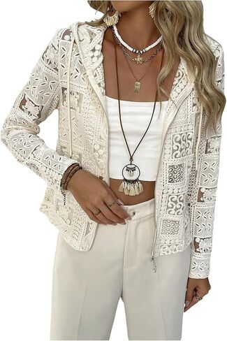 GORGLITTER Women's Lace Jacket Zip Up Sheer Long Sleeve Hooded Crochet Cardigan in Saudi Arabia