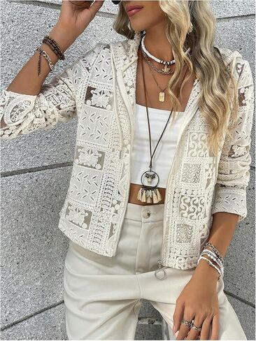 GORGLITTER Women's Lace Jacket Zip Up Sheer Long Sleeve Hooded Crochet Cardigan in Saudi Arabia