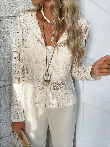 GORGLITTER Women's Lace Jacket Zip Up Sheer Long Sleeve Hooded Crochet Cardigan in Saudi Arabia