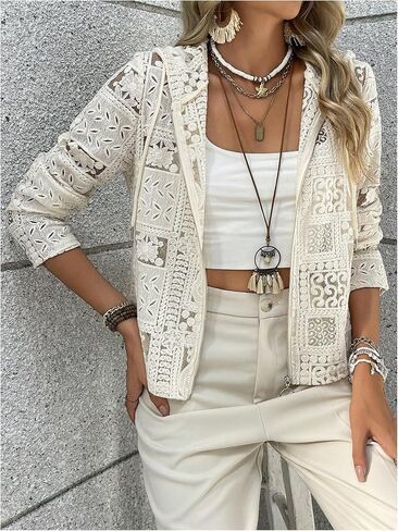 GORGLITTER Women's Lace Jacket Zip Up Sheer Long Sleeve Hooded Crochet Cardigan in Saudi Arabia