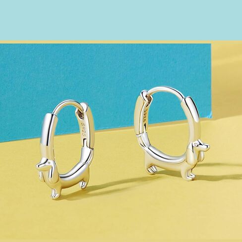Silver Dachshund Dog Hoop Earrings, S925 Small Cute Animal Design, Fashion Jewelry for Women in Saudi Arabia