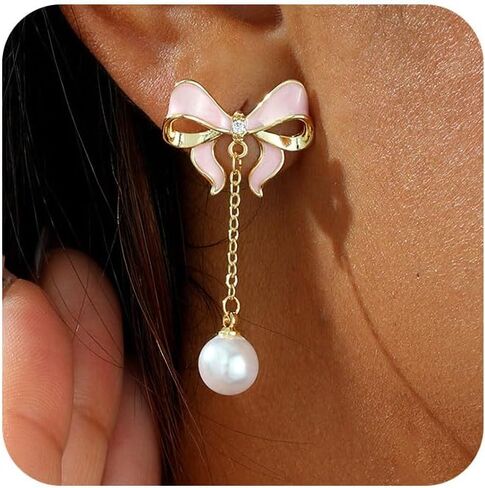 Gold Earrings for Women Trendy Bow Earrings 14K Gold/Silver Plated Hoops Simple Twist Huggie Dainty Cubic Zirconia Jewelry Cute Pearl Bow Stud Earrings Minimalist Jewelry for Her in Saudi Arabia