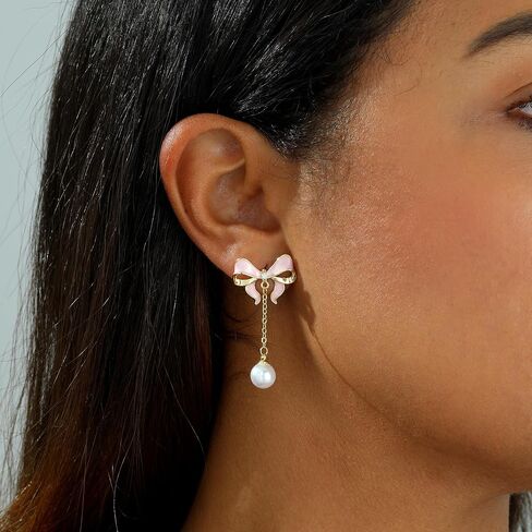 Gold Earrings for Women Trendy Bow Earrings 14K Gold/Silver Plated Hoops Simple Twist Huggie Dainty Cubic Zirconia Jewelry Cute Pearl Bow Stud Earrings Minimalist Jewelry for Her in Saudi Arabia