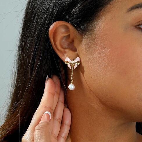 Gold Earrings for Women Trendy Bow Earrings 14K Gold/Silver Plated Hoops Simple Twist Huggie Dainty Cubic Zirconia Jewelry Cute Pearl Bow Stud Earrings Minimalist Jewelry for Her in Saudi Arabia