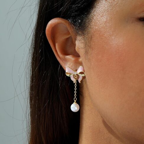 Gold Earrings for Women Trendy Bow Earrings 14K Gold/Silver Plated Hoops Simple Twist Huggie Dainty Cubic Zirconia Jewelry Cute Pearl Bow Stud Earrings Minimalist Jewelry for Her in Saudi Arabia