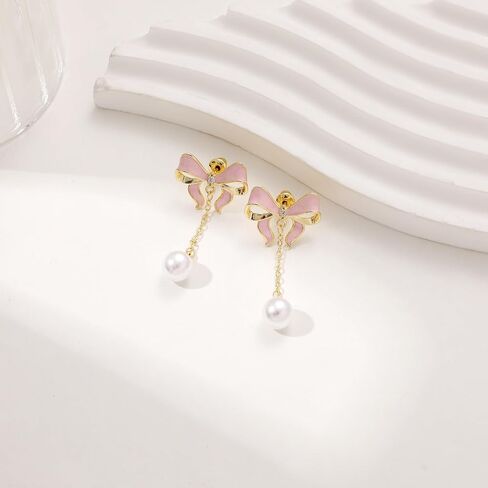 Gold Earrings for Women Trendy Bow Earrings 14K Gold/Silver Plated Hoops Simple Twist Huggie Dainty Cubic Zirconia Jewelry Cute Pearl Bow Stud Earrings Minimalist Jewelry for Her in Saudi Arabia