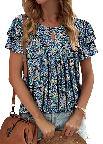Angerella Womens Short Sleeve Tunic Tops Summer Trendy Keyhole Crew Neck Casual T Shirts Chic Pleated Blouse in Kuwait
