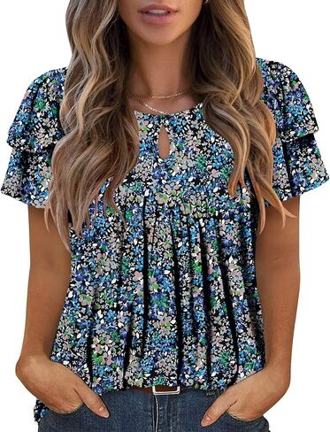 Angerella Womens Short Sleeve Tunic Tops Summer Trendy Keyhole Crew Neck Casual T Shirts Chic Pleated Blouse in Kuwait
