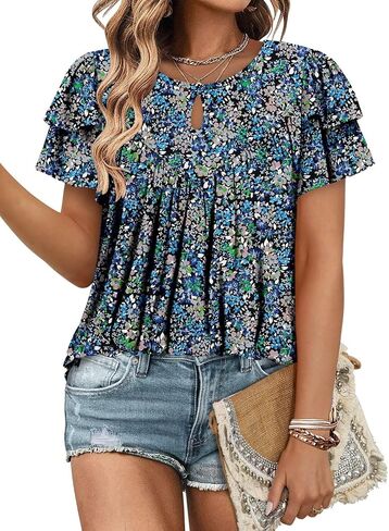Angerella Womens Short Sleeve Tunic Tops Summer Trendy Keyhole Crew Neck Casual T Shirts Chic Pleated Blouse in Kuwait
