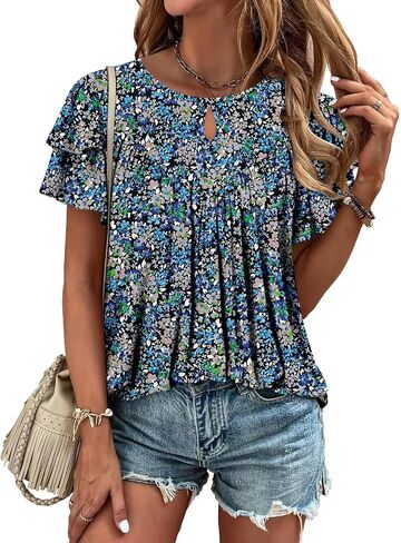 Angerella Womens Short Sleeve Tunic Tops Summer Trendy Keyhole Crew Neck Casual T Shirts Chic Pleated Blouse in Kuwait