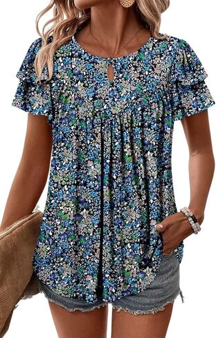 Angerella Womens Short Sleeve Tunic Tops Summer Trendy Keyhole Crew Neck Casual T Shirts Chic Pleated Blouse in Kuwait