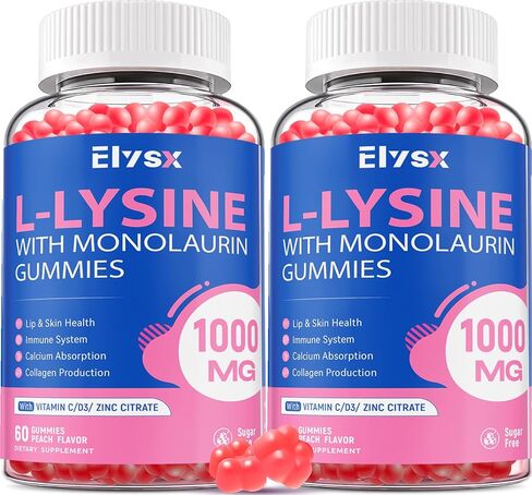 L-Lysine Gummies 1000mg ، ليسين خالٍ من السكر مع ملحق Monolaurin للبالغين والأطفال ، الشفاه وصحة الفم ، الصحة والمناعة العامة ، نكهة الخوخ الطبيعية ، 60 COUNT in Kuwait