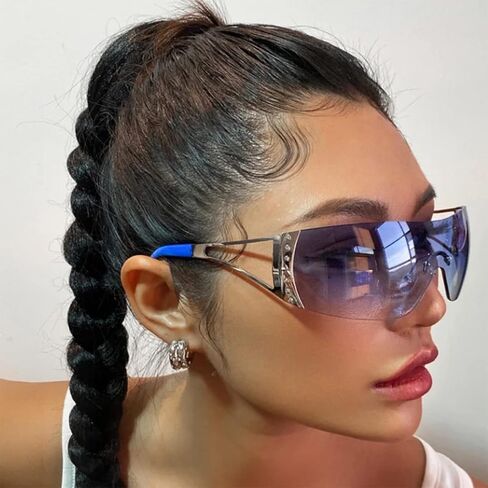 Y2K Glasses 2000s Cool Rimless Sunglasses for Women Men Trendy Shield Wrap Around in Kuwait