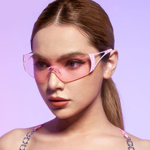 Y2K Glasses 2000s Cool Rimless Sunglasses for Women Men Trendy Shield Wrap Around in Kuwait