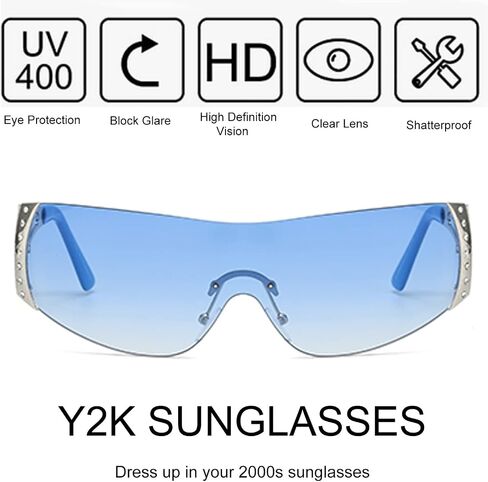 Y2K Glasses 2000s Cool Rimless Sunglasses for Women Men Trendy Shield Wrap Around in Kuwait