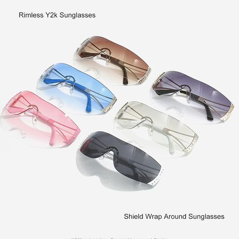 Y2K Glasses 2000s Cool Rimless Sunglasses for Women Men Trendy Shield Wrap Around in Kuwait