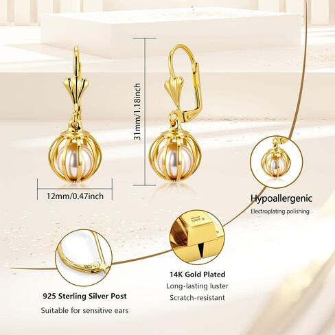 ALEXCRAFT 925 Sterling Silver Pearl Dangle Drop Earrings for Women Trendy Hypoallergenic Lightweight 14k Gold Plated Leverback Circle Earrings Dangling Statement Freshwater Pearl Jewelry in Saudi Arabia