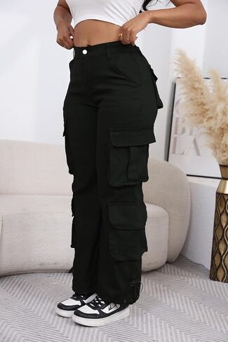 DvaeMalligo Womens Wide Leg Cargo Pants High Elastic Waisted Casual Multi Pockets Loose Fit Straight Y2k Trouser Hiking Pants in Kuwait