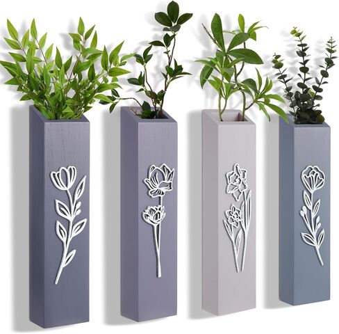 Bucherry 4 Pack Wood Wood Wall Planters حديثة محايدة من المزهريات الجدران مع تصميم الأزهار ثلاثية الأبعاد مزهريات جيب المزرعة الداخلية للزهور المجففة ونباتات الخضراء المزيفة لغرفة نوم غرفة المعيشة in Saudi Arabia