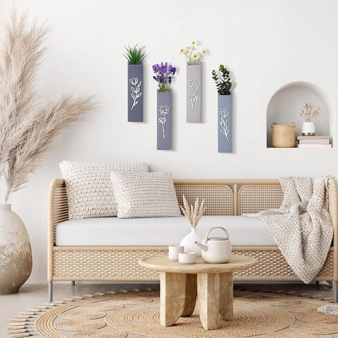 Bucherry 4 Pack Wood Wood Wall Planters حديثة محايدة من المزهريات الجدران مع تصميم الأزهار ثلاثية الأبعاد مزهريات جيب المزرعة الداخلية للزهور المجففة ونباتات الخضراء المزيفة لغرفة نوم غرفة المعيشة in Saudi Arabia