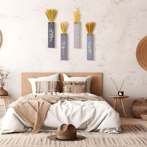 Bucherry 4 Pack Wood Wood Wall Planters حديثة محايدة من المزهريات الجدران مع تصميم الأزهار ثلاثية الأبعاد مزهريات جيب المزرعة الداخلية للزهور المجففة ونباتات الخضراء المزيفة لغرفة نوم غرفة المعيشة in Saudi Arabia