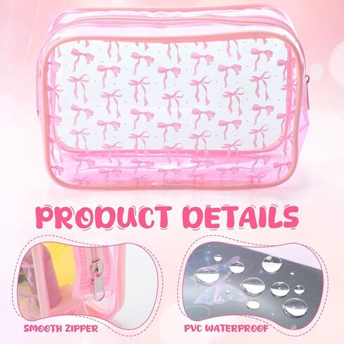 Kacctyen 12 PCS Pink Bow Cosmetic Bag Coquette preppy pvc bag bag bag bag bage clear clear shippered travel pouch pouch for women birthday party form in Kuwait
